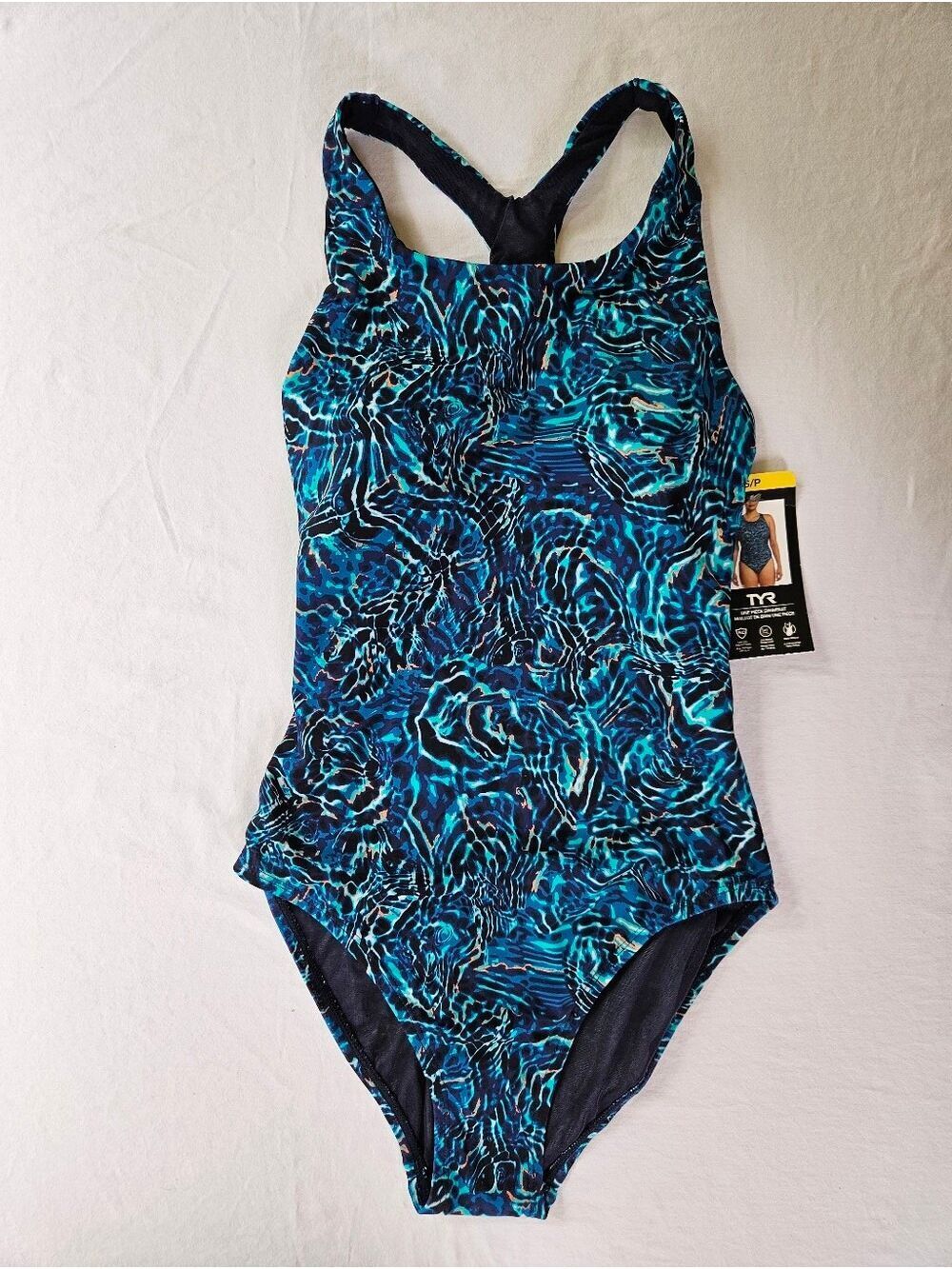 TYR Women's One-Piece Swimsuit in Blue Teal Pattern with Gold Accents NWT Small